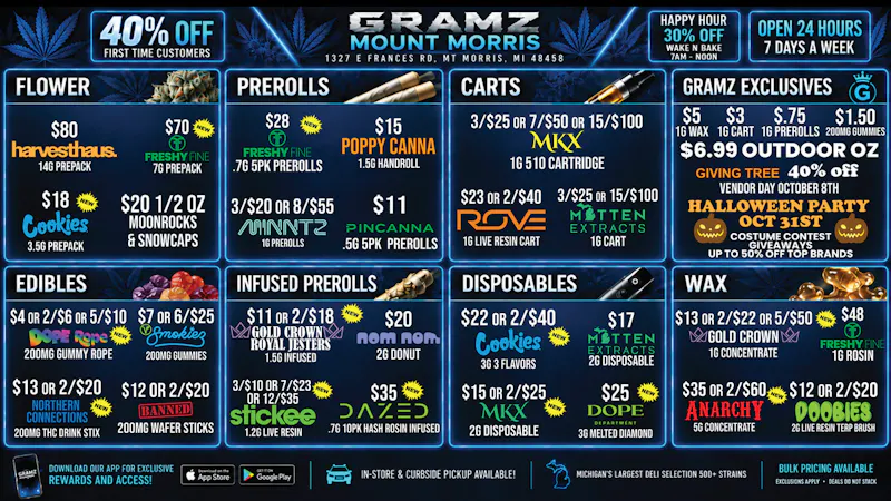 Gramz Cannabis - Mt. Morris 👑 Gramz Mt. Morris: $.75 Prerolls & $5 1G Wax 🔥
