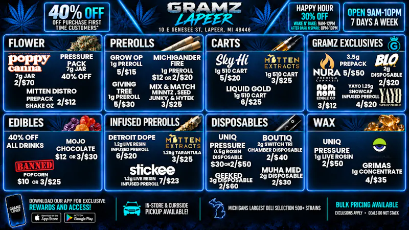 Gramz Cannabis - Lapeer 🔥 Gramz Lapeer: 2 Shake OZ $12 + 5 Carts $20 💨