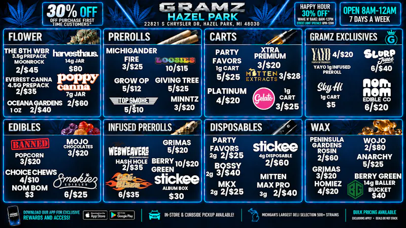 Gramz Cannabis - Hazel Park 🔥 Hazel Park: 2 OZ for $40 + $5 Sky Hi Carts 💨
