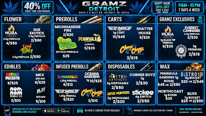 Gramz Cannabis Detroit 🔥 Gramz Detroit: 3 Carts $15 + 4 Eighths $50 💨