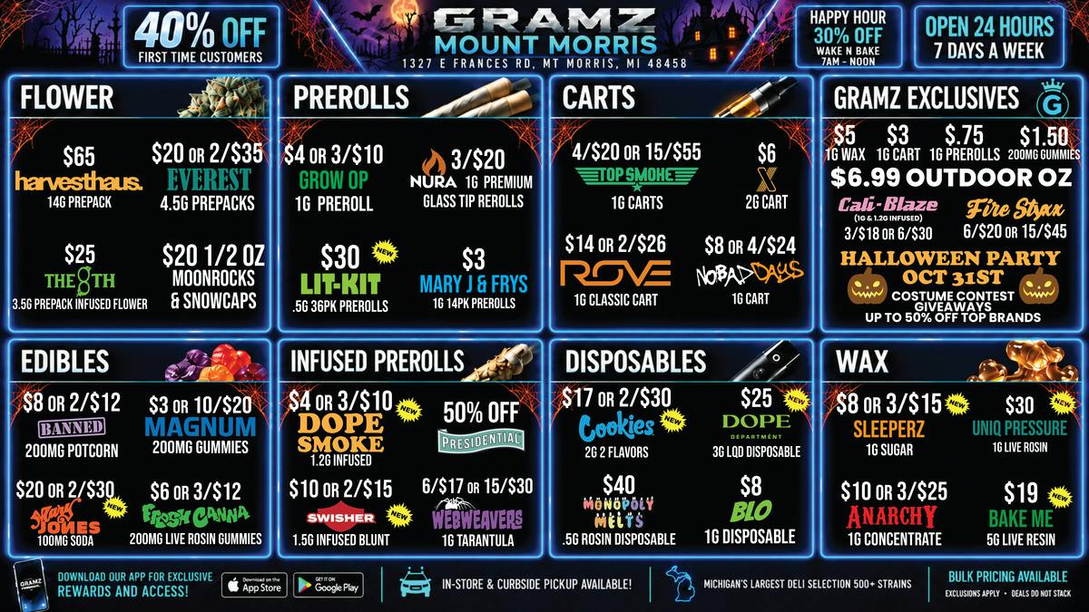 Gramz Cannabis - Mt. Morris 👻 Spooky Deals: $6.99 Outdoor OZ & $3 Carts 🔥