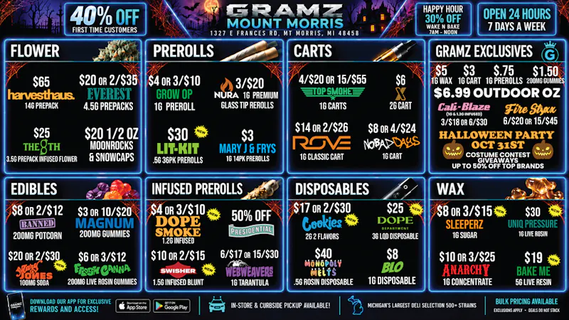 Gramz Cannabis - Mt. Morris 👻 Spooky Deals: $6.99 Outdoor OZ & $3 Carts 🔥
