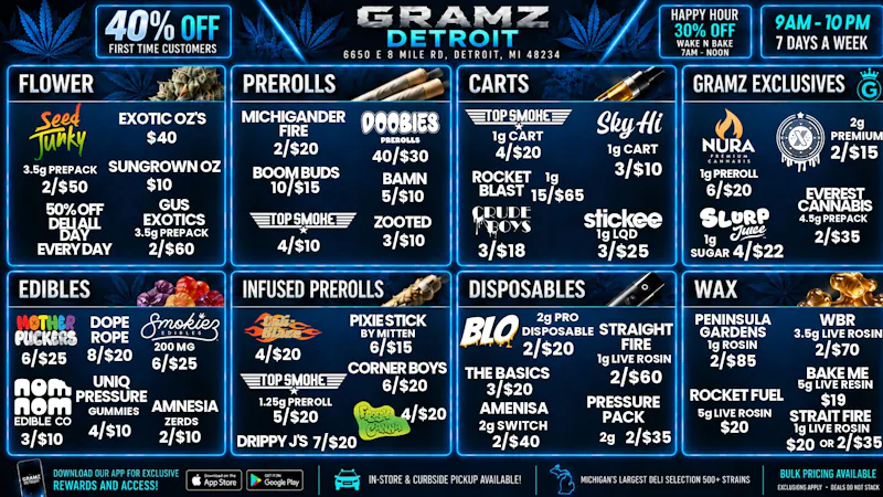 Gramz Cannabis Detroit 🔥 $10 Sungrown OZ, 50% Off Deli & 3/$10 Carts 💨