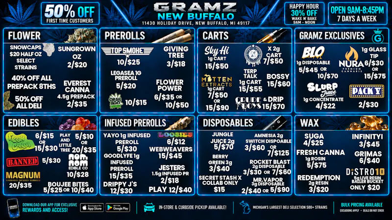Gramz New Buffalo 💰 Bulk Buys: 15/$50 Carts & 5/$20 Prerolls 💨