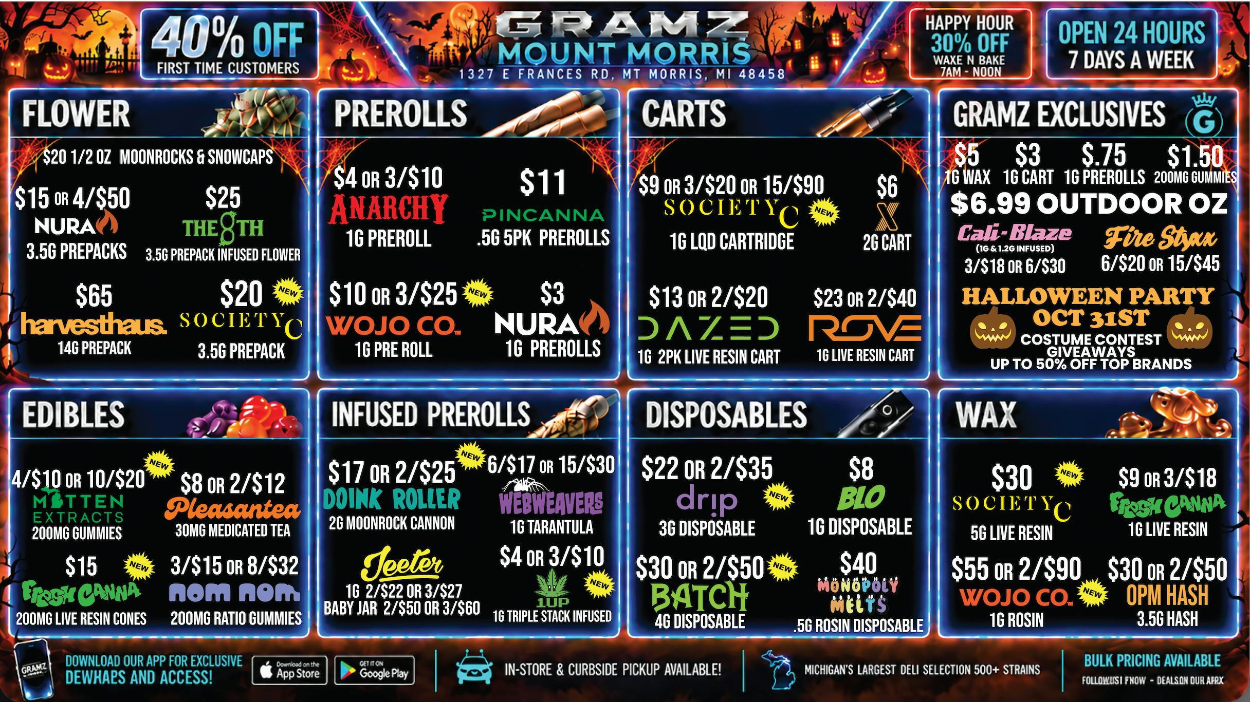 Gramz Cannabis - Mt. Morris 🎃 Spooky Steals: $6.99 Oz, $3 Carts & 40% Off!