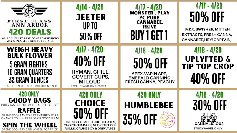First Class Cannabis - Ann Arbor 420 UP TO 50% OFF ALL YOUR FAVS