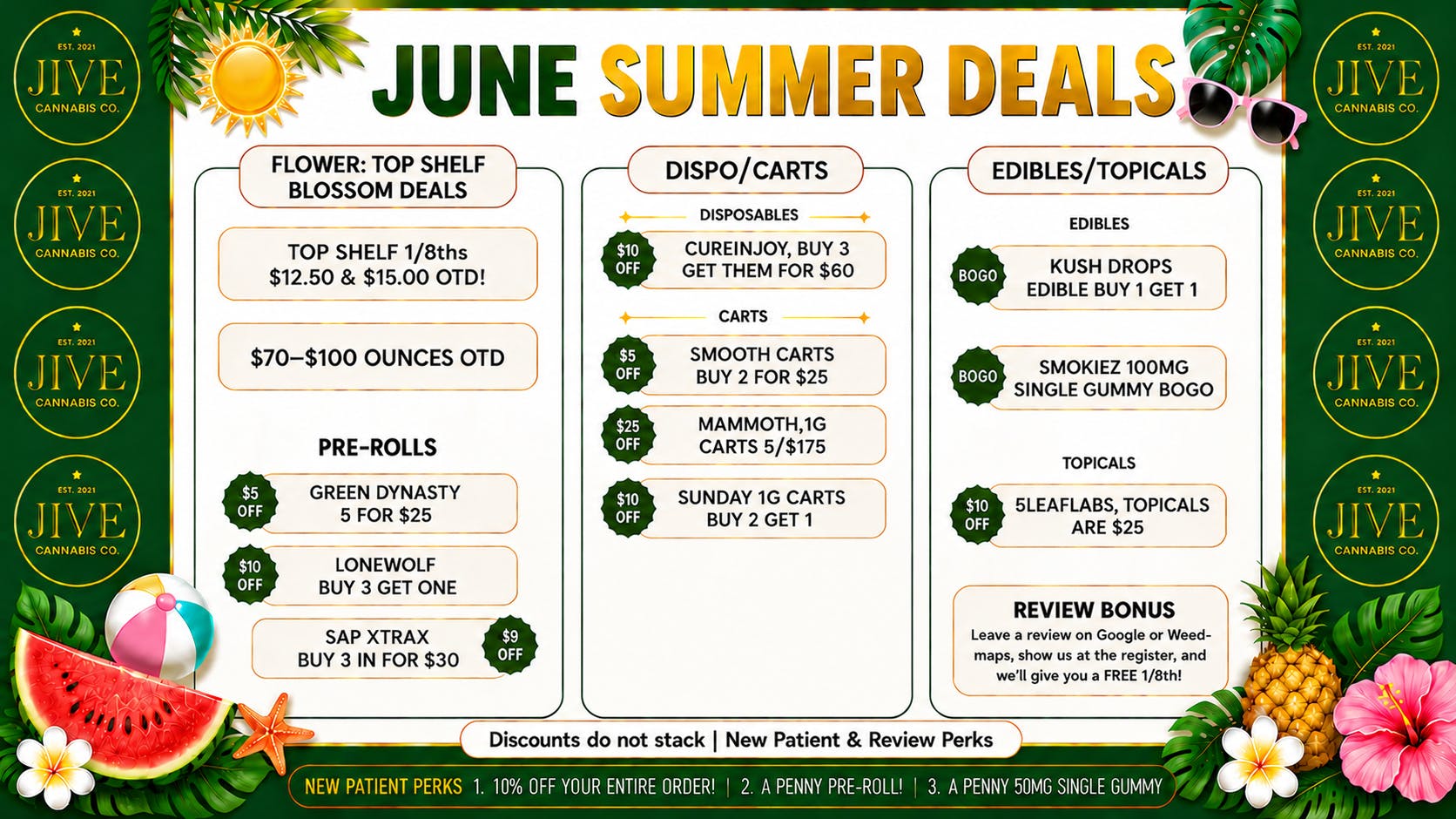 The Jive Dispensary - Tulsa June Summer Deals: $12 1/8ths & $70 Ounces!