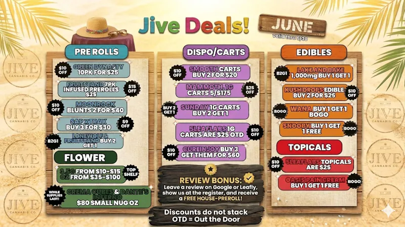 The Jive Dispensary - Tulsa June Deals: $10, $12.50, $15 1/8ths & $80-$100 Oz!
