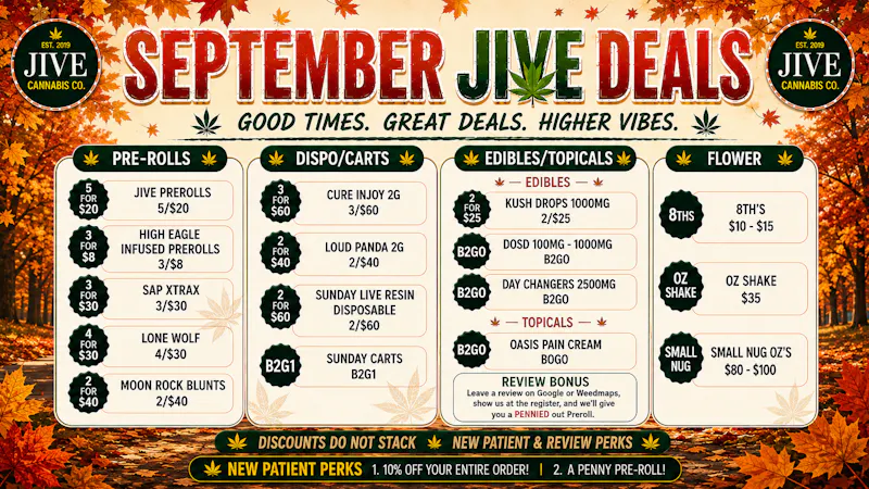 The Jive Dispensary - Tulsa JIVE $10-$15 1/8ths, $35 Shake Oz, & $80-$100 Oz