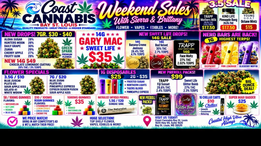 Coast Cannabis Bangers🇺🇸 $10 carts 1 gr. /$10 3.5 flower /$35