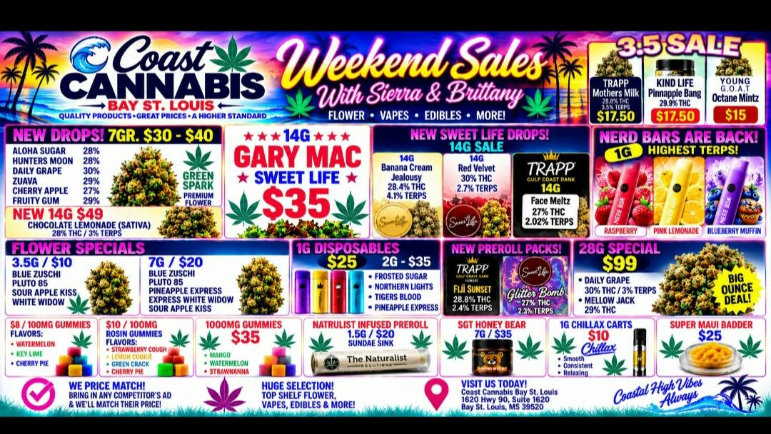 Coast Cannabis Bangers🇺🇸 $10 carts 1 gr. /$10 3.5 flower /$35