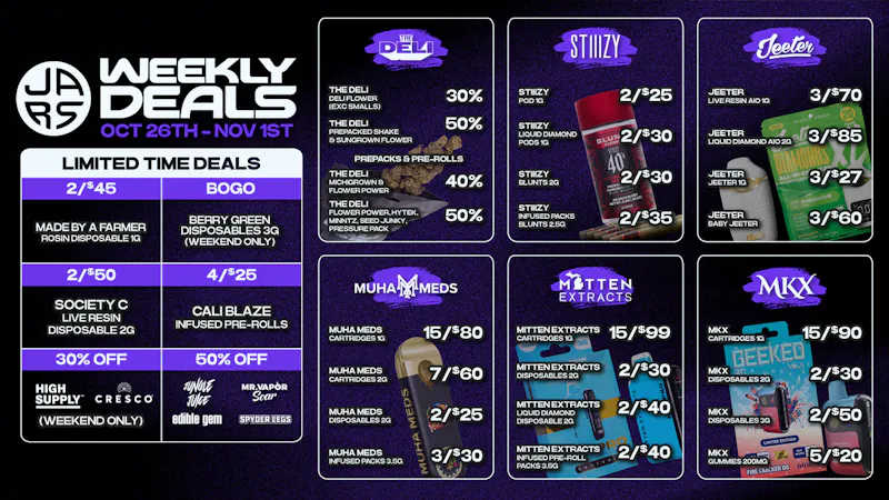 JARS Cannabis - New Buffalo US-12 UP TO 50% OFF DELI + 15/$80 MUHA CARTS + 2/$25 STI