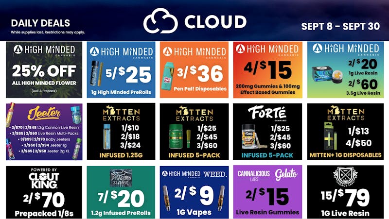 Cloud Cannabis - Kalamazoo - REC 21+ 3/$60 Mitten 5pk - 25% off Deli Flower - 50% off