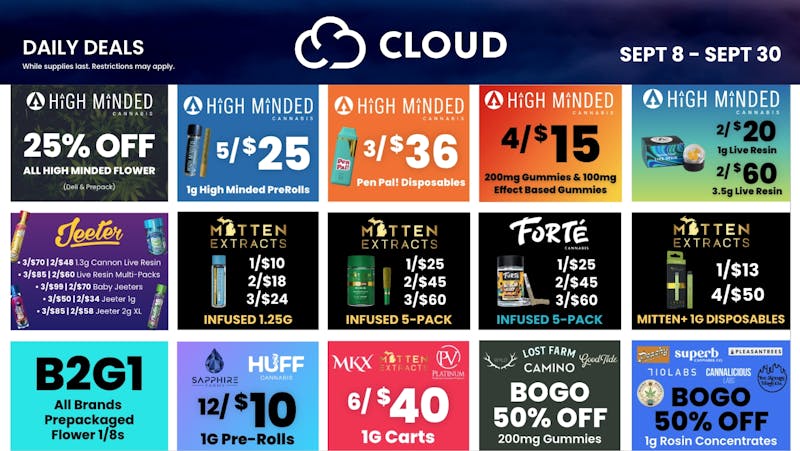 Cloud Cannabis - New Baltimore - REC 21+ 3/$60 Mitten 5pk - 25% off Deli Flower - 50% off