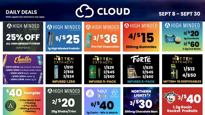 Cloud Cannabis Traverse City - REC 21+ 3/$60 Mitten 5pk - 25% off Deli Flower - 50% off