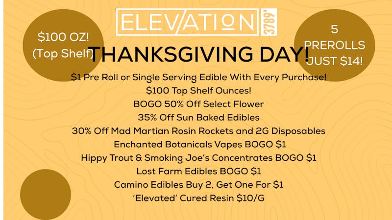 Elevation 3789 Open Thanksgiving 10:00 -3:00!
