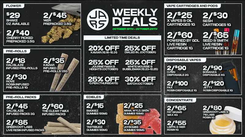 JARS Cannabis - Longmont $29 Shake Oz & 2/$25 Carts. Low Prices, No Games.