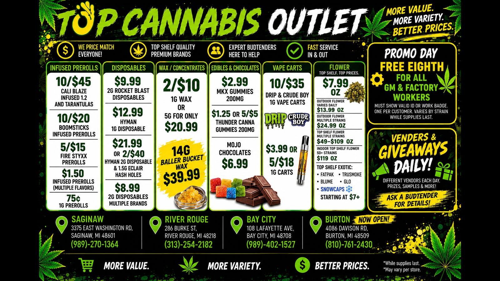 Top Cannabis Outlet - NOW OPEN! LOWEST PRICES IN MICHIGAN HUGE GIVEAWAYS !