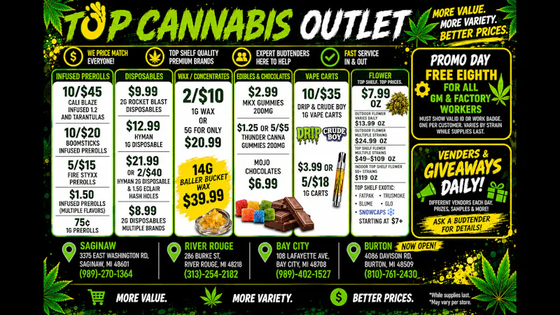 Top Cannabis Outlet - NOW OPEN! LOWEST PRICES IN MICHIGAN HUGE GIVEAWAYS !