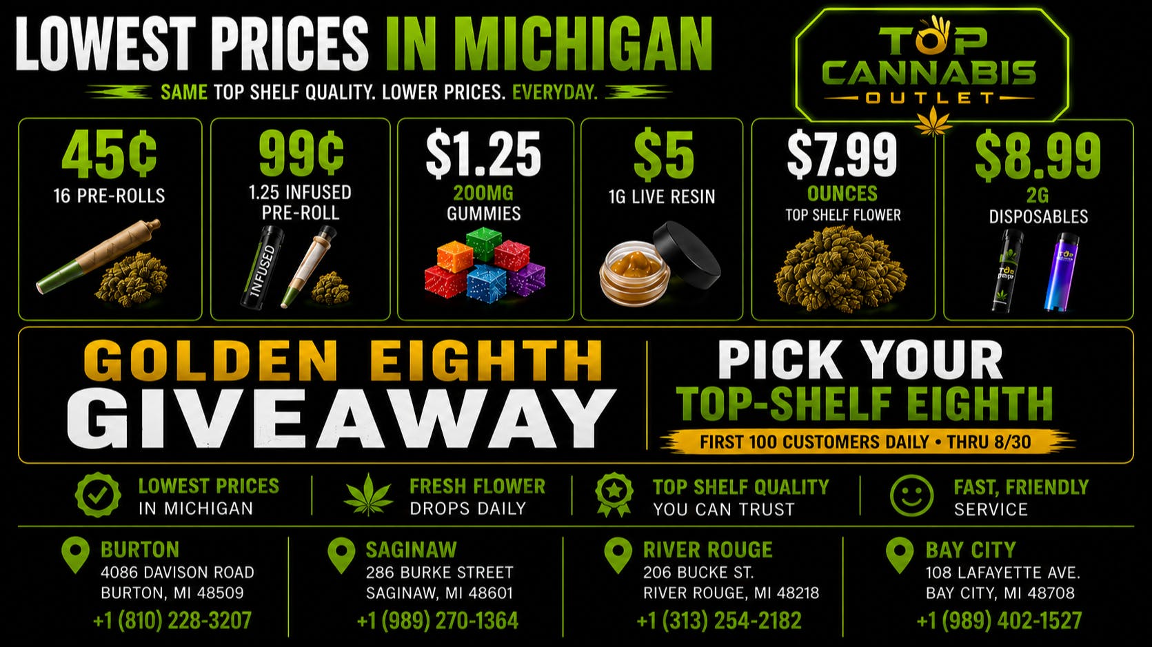 Top Cannabis Outlet LOWEST PRICES IN MICHIGAN GOLDEN EIGTH GIVEAWAY !