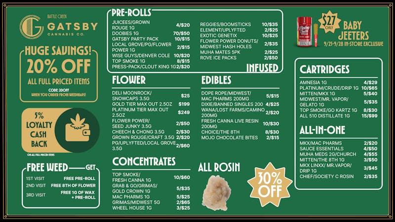 Gatsby Cannabis Co. (OPEN NOW) 🌙 $25 Deli Moon Rock 8ths & 30% off All Rosin 🍯