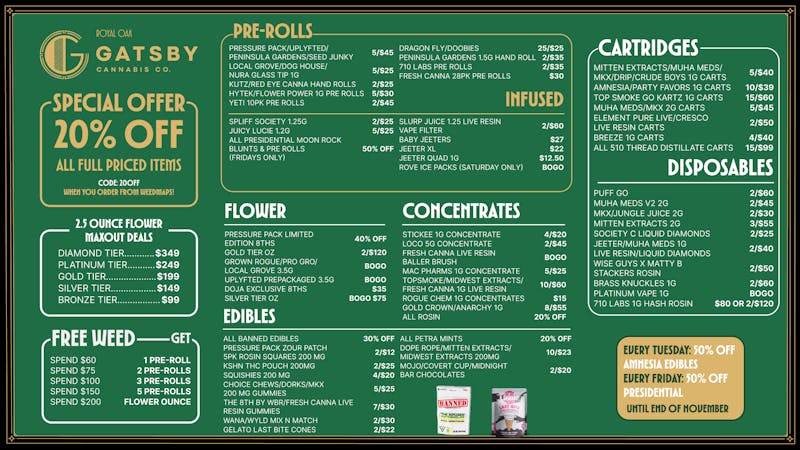 Gatsby Cannabis Co Delivery 🦃 Feast Mode: BOGO Select 8ths + 20% off Rosin!