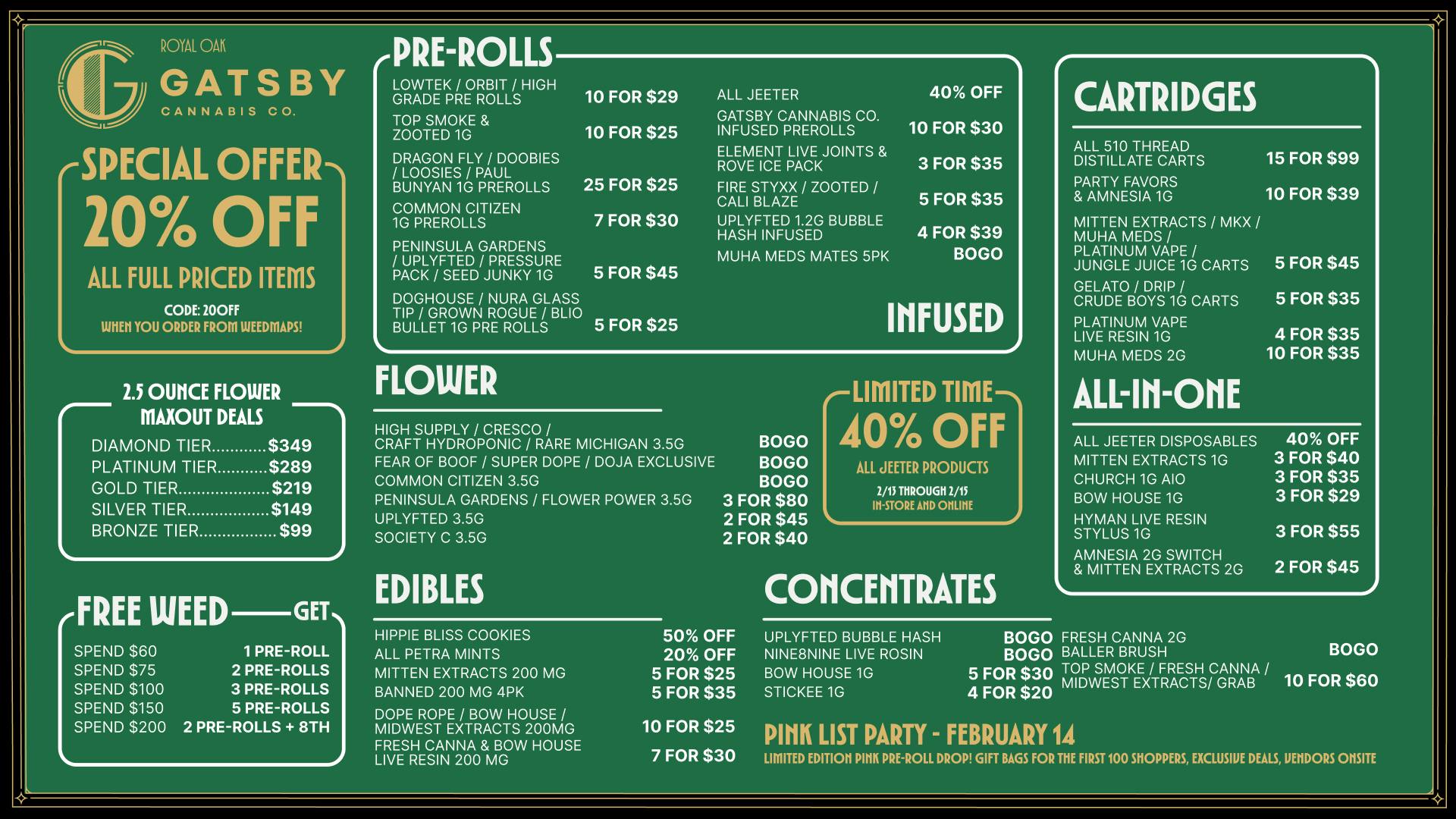 Gatsby Cannabis Co. 🔥 V-Day BLOWOUT: 40% OFF Jeeter + BOGOs Galore!