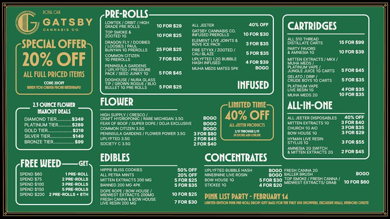 Gatsby Cannabis Co. 🔥 V-Day BLOWOUT: 40% OFF Jeeter + BOGOs Galore!