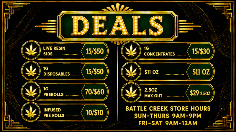 Gatsby Cannabis Co. - Battle Creek $11 Oz's + $29 2.5oz MaxOut + 15/$50 Disposables