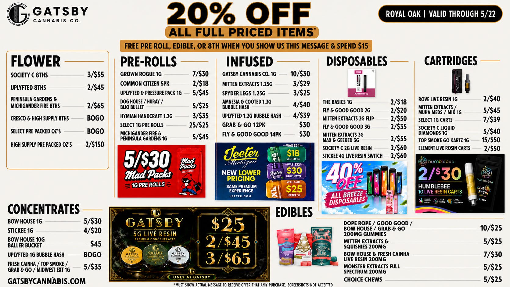 Gatsby Cannabis Co. - Royal Oak ✨25/$25 Pre Rolls, 10/$25 Gummies, 7/$39 Carts✨