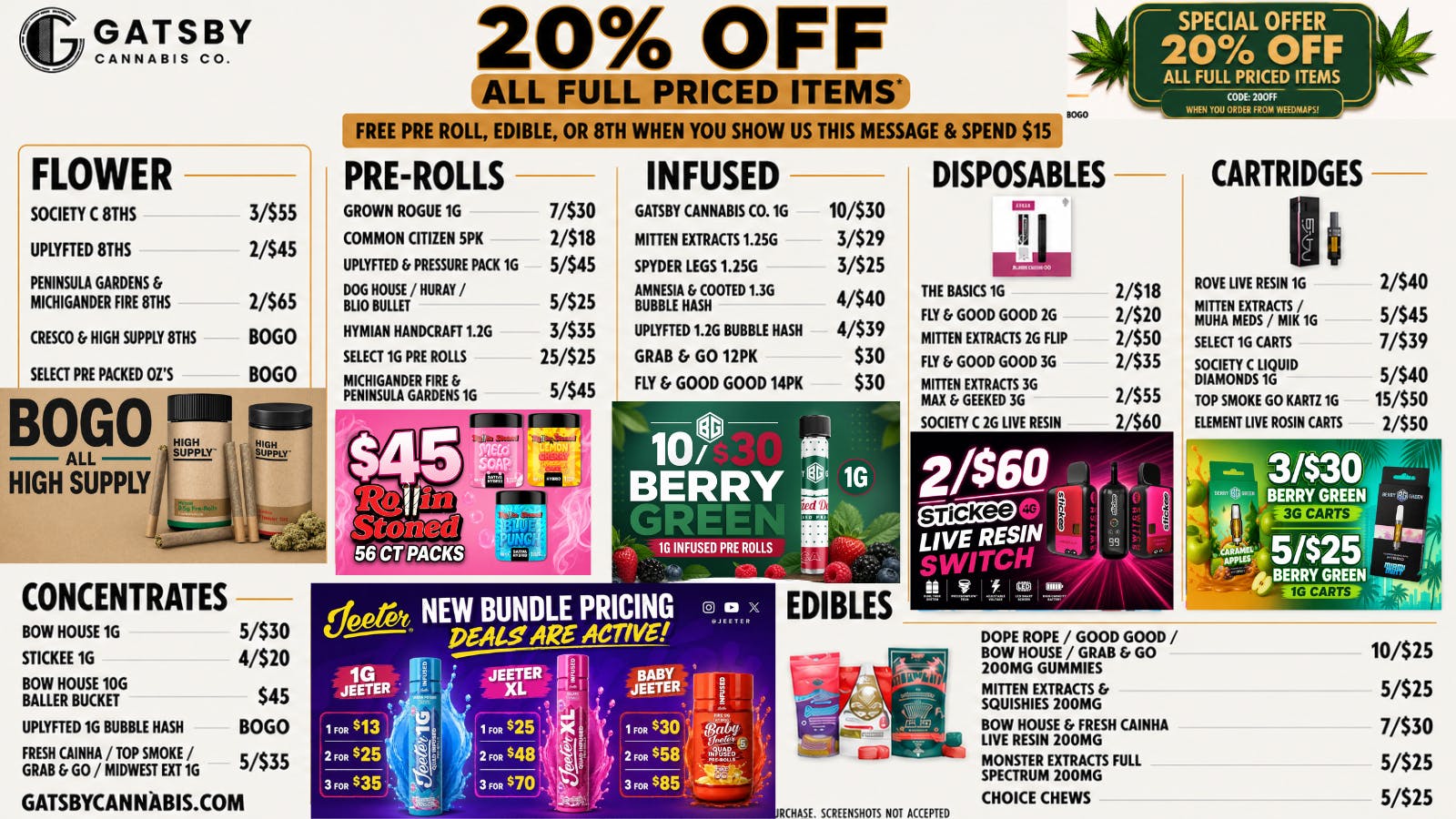 Gatsby Cannabis Co. - Royal Oak BOGO Ozs, 25/$25 PreRolls, 10/$25 Gummies+ 20% Off