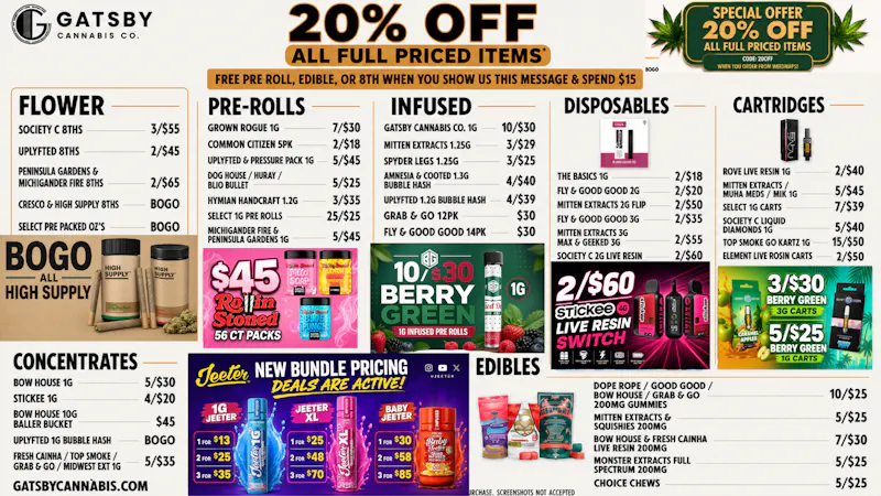 Gatsby Cannabis Co Delivery BOGO Ozs, 25/$25 PreRolls, 10/$25 Gummies+ 20% Off