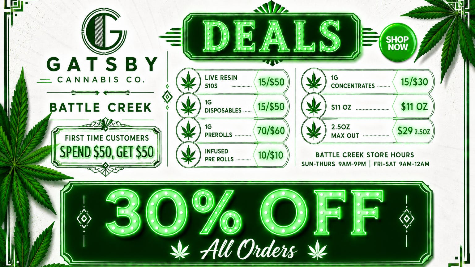 Gatsby Cannabis Co. - Battle Creek 🎉 $11 Oz's + 40% Off SnowCaps & MoonRocks 🎉