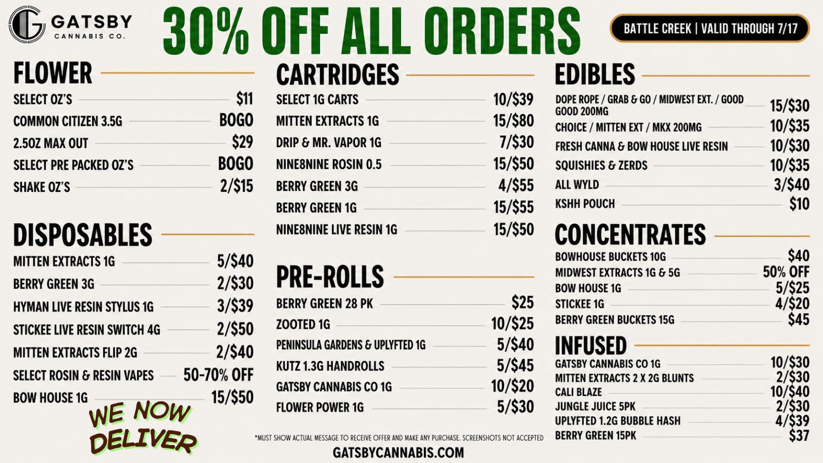 Gatsby Cannabis Co. - Battle Creek 30-50% off top brands + 30% off all deliveries ✨