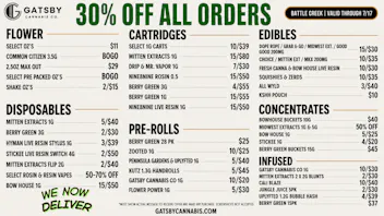 Gatsby Cannabis Co. - Battle Creek 30-50% off top brands + 30% off all deliveries ✨