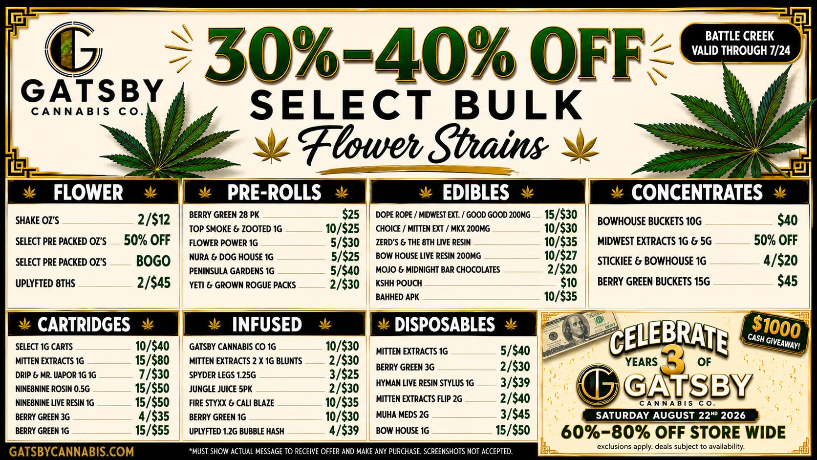 Gatsby Cannabis Co. - Battle Creek 30-50% off top brands + 30% off all deliveries ✨