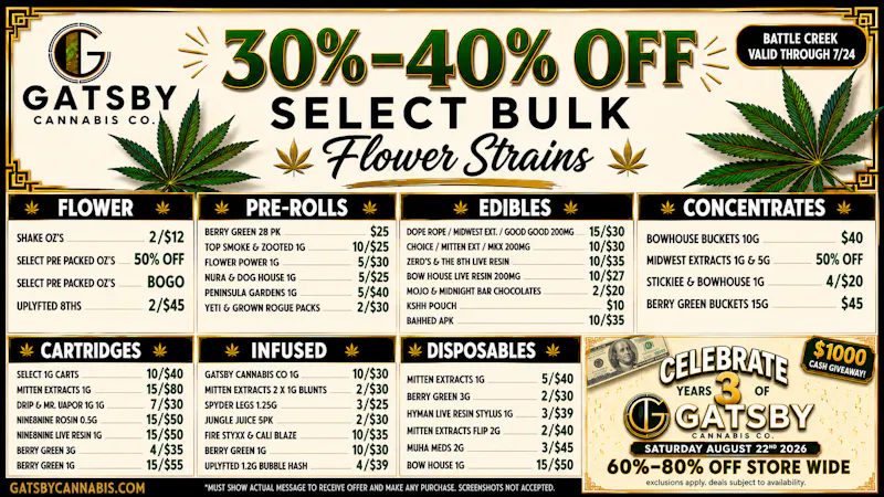 Gatsby Cannabis Co. - Battle Creek 30-50% off top brands + 30% off all deliveries ✨
