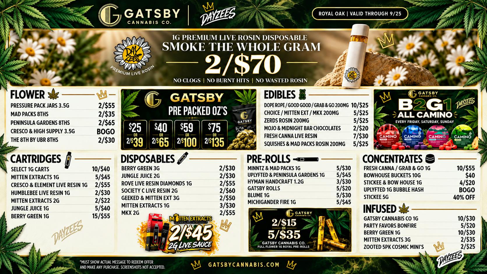 Gatsby Cannabis Co. - Royal Oak ✨2/$70 1G ROSIN AIO,BOGO OZ'S + 20% OFF ✨