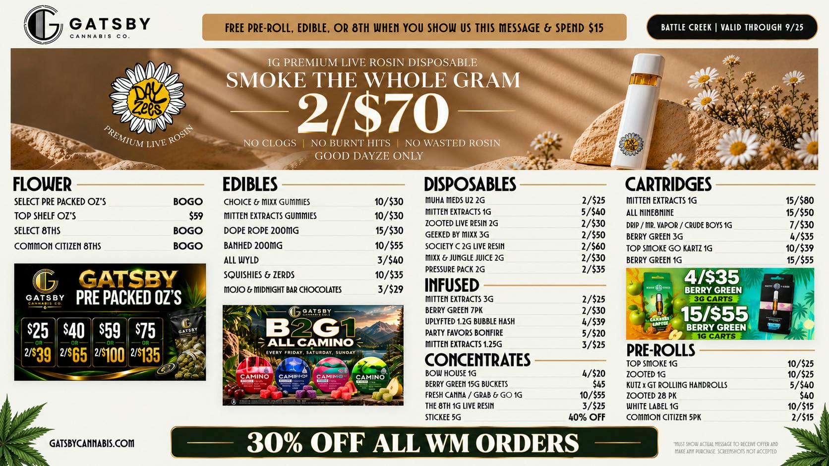Gatsby Cannabis Co. - Battle Creek 2/$70 1G ROSIN AIO, $29 2.5OZ MAX OUT + 30% OFF✨