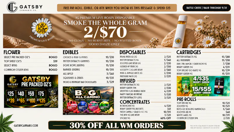 Gatsby Cannabis Co. - Battle Creek 2/$70 1G ROSIN AIO, $29 2.5OZ MAX OUT + 30% OFF✨