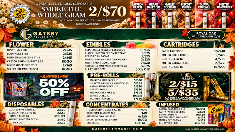 Gatsby Cannabis Co. - Royal Oak ✨2/$70 1G ROSIN AIO, 10/$25 Gummies + 20% OFF ✨