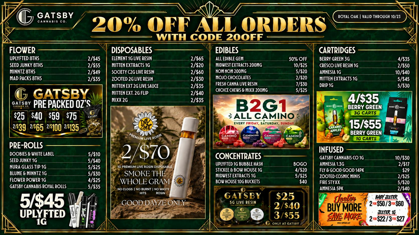 Gatsby Cannabis Co. - Royal Oak ✨2/$70 1G ROSIN AIO, 10/$25 Gummies + 20% OFF ✨