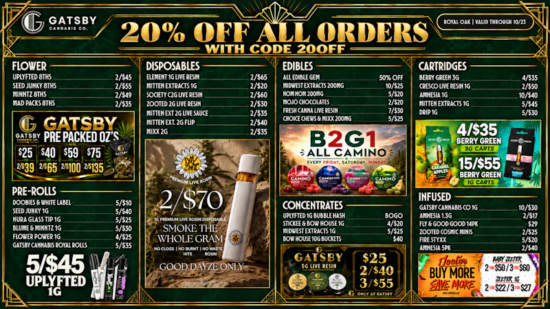 Gatsby Cannabis Co Delivery ✨2/$70 1G ROSIN AIO, 10/$25 Gummies + 20% OFF ✨