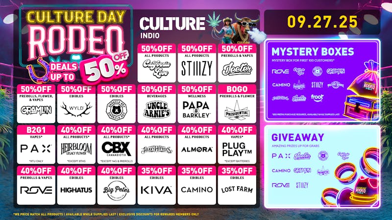 Culture Cannabis Club Marijuana and Weed Dispensary - Indio Up to 50% Off and Giveaways for CULTURE DAY
