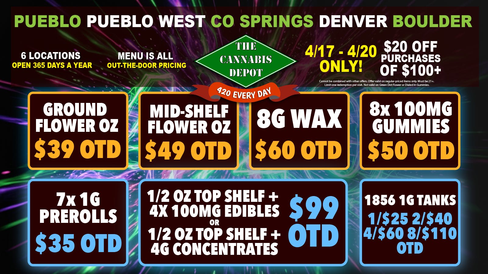 The Cannabis Depot Boulder 420 DEALS🔥$20 Off $100 Spend, $59 Premier 1/2 OZ
