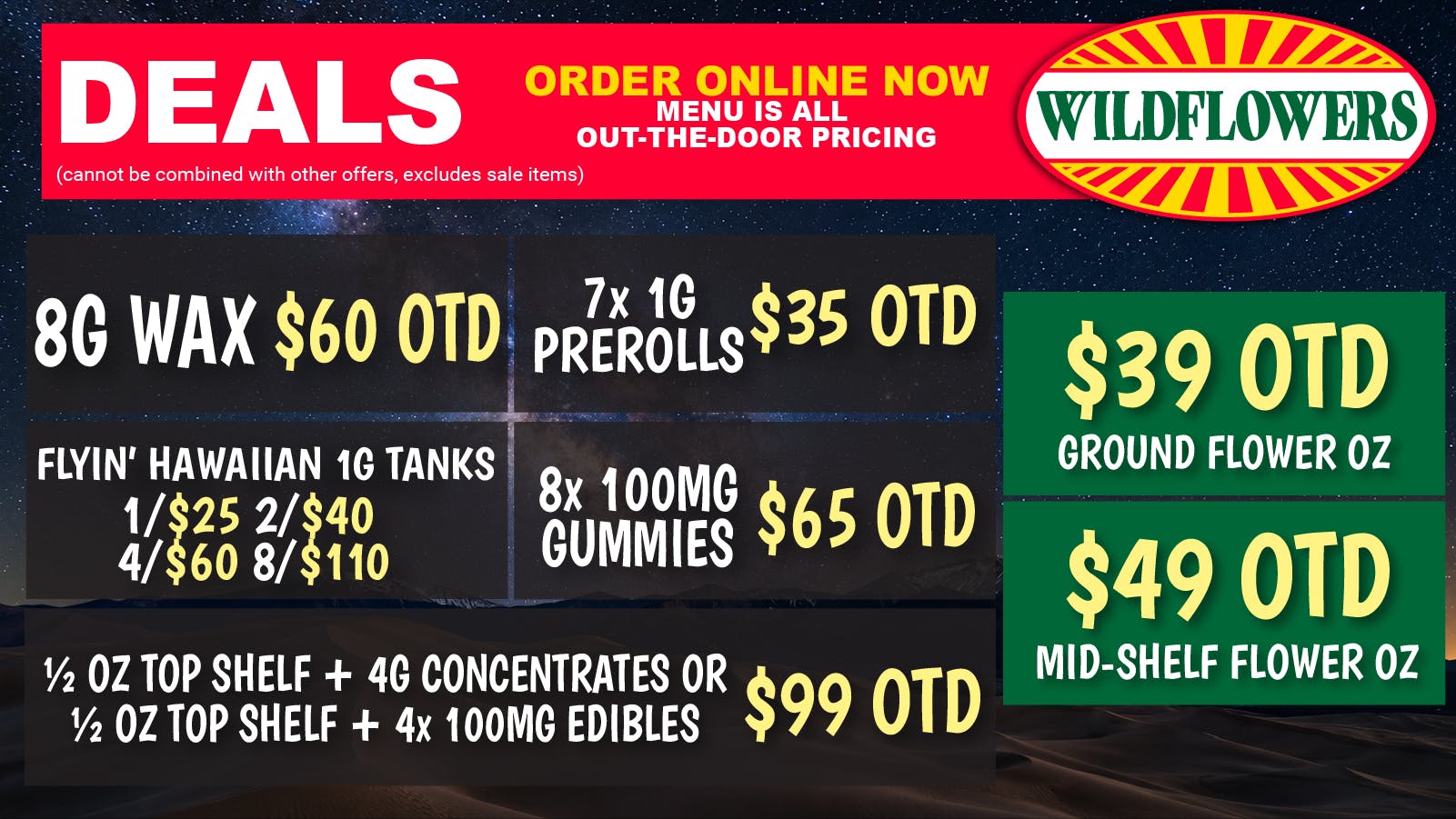 Wildflowers Dispensary 🌱 $49 Mid-Shelf OZ OTD 🔥 8G Wax $60 OTD