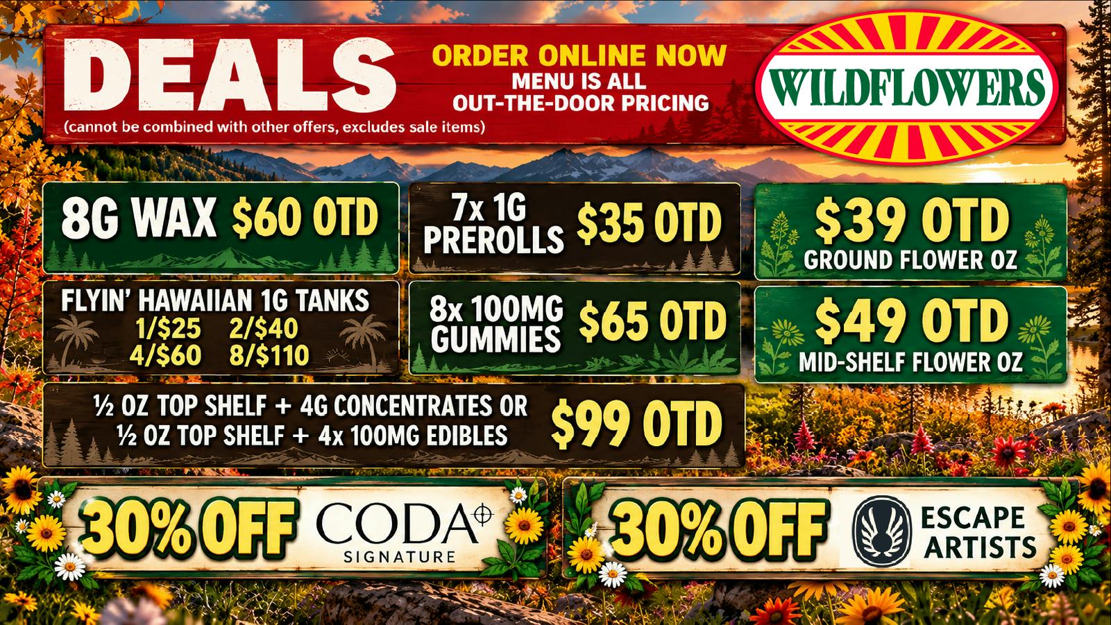 Wildflowers Dispensary 🌱 $49 Mid-Shelf OZ OTD 🔥 30% Off Coda Edibles