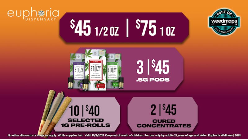 Euphoria Wellness Delivery - Henderson / Green Valley $45 1/2oz - $75 1oz | 3/$45 Stiiizy .5g Pods