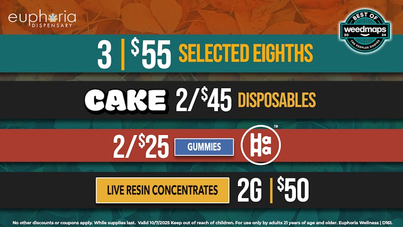 Euphoria Wellness - Marijuana Dispensary 3/$55 Selected 8ths | 2/$45 Cake .9g Disposables