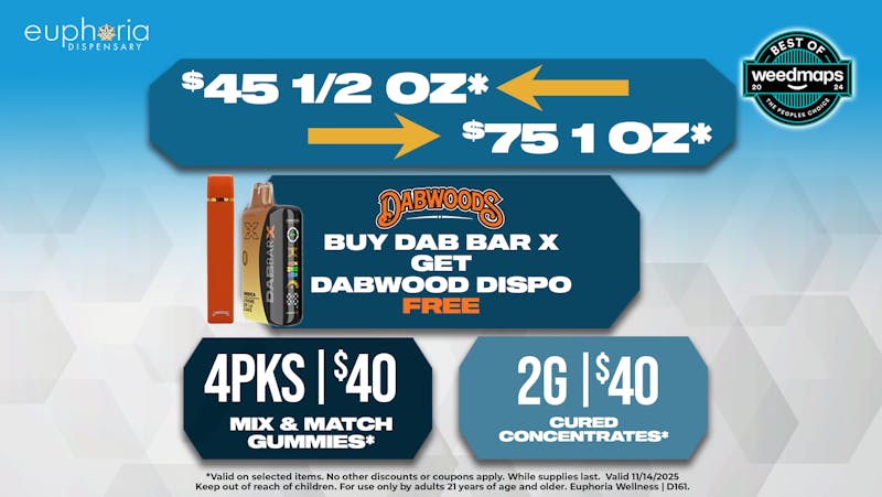 Euphoria Wellness - Marijuana Dispensary $45 1/2oz - $75 1oz | Buy Dabbar X Get Dabwoods